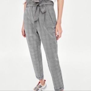 ZARA High Waisted Paperbag Plaid Pants